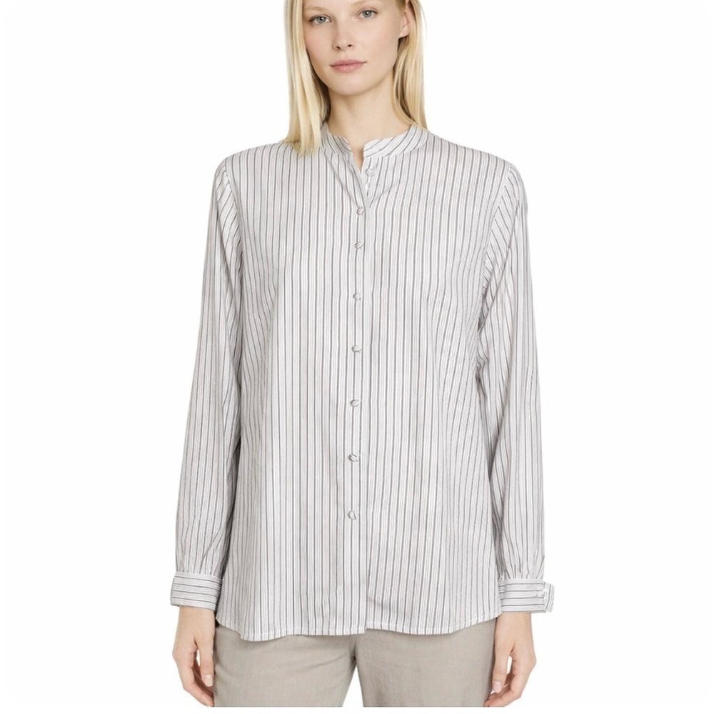 J Peterman Vintage 90's womens cotton striped button down shirt sz 10 High neck